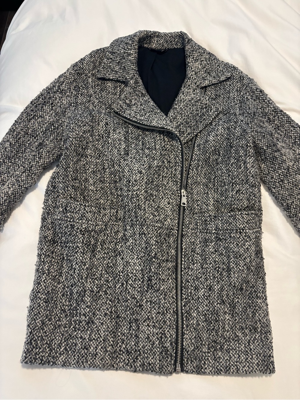 Topshop Black and White Tweed Asymmetrical Zip Peacoat